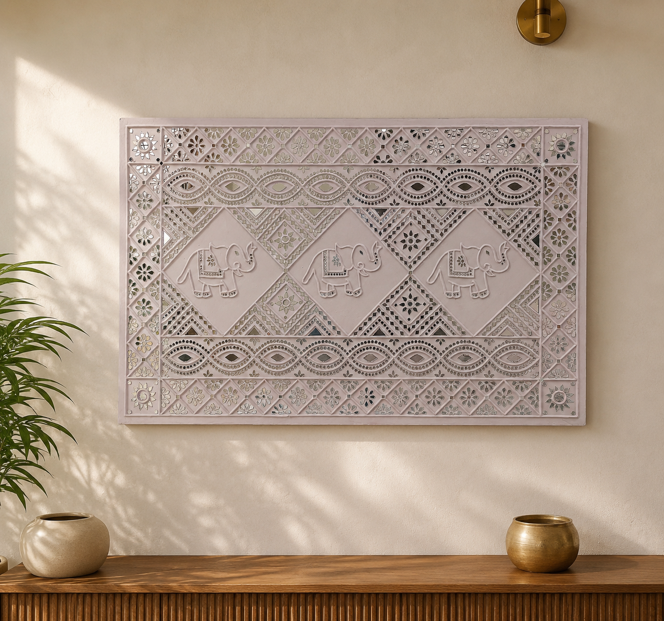 Handcrafted Elephant Lippan Art Wall Frame