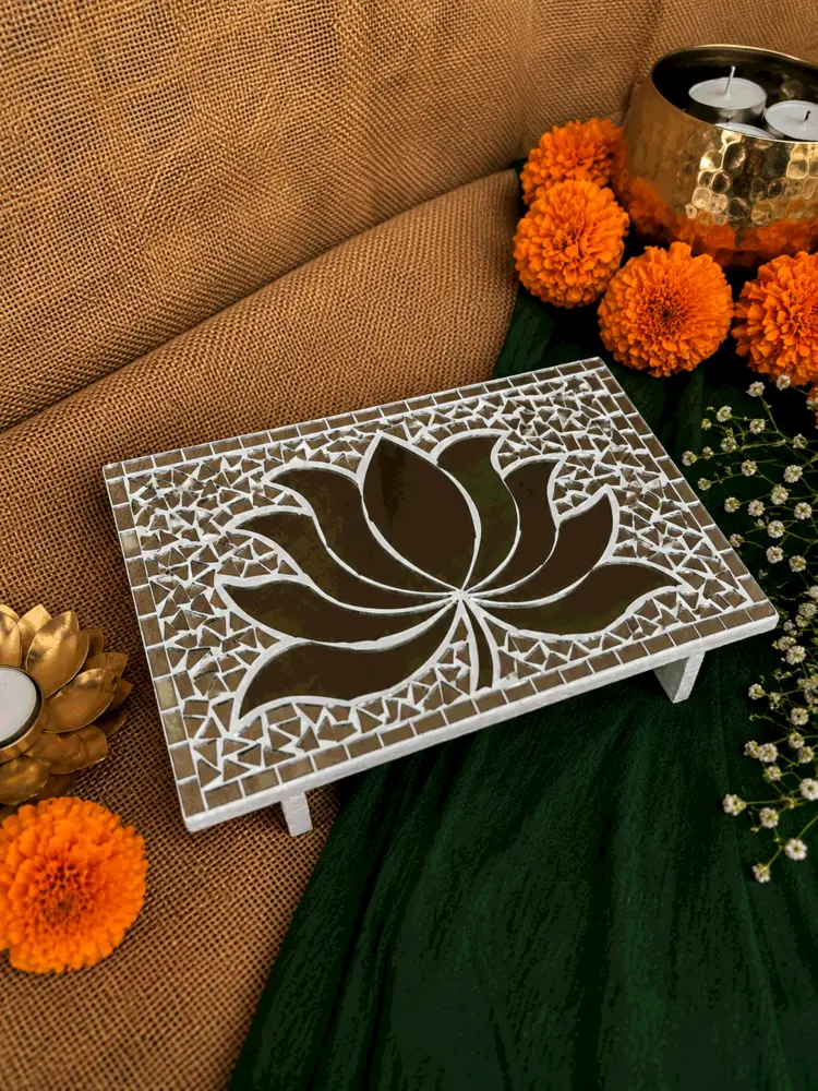 Mirror Mosaic Lotus Pooja Chowki
