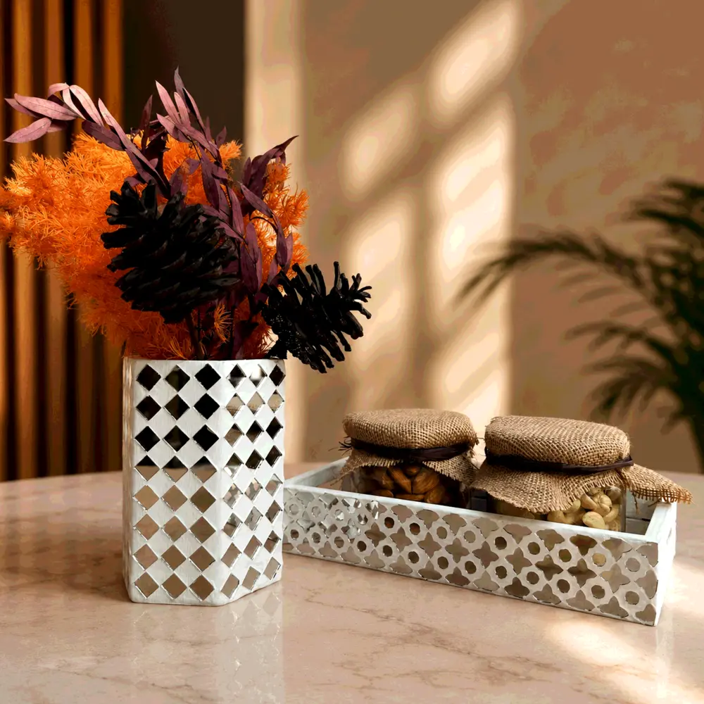 Mirror Mosaic Tray and Vase Set